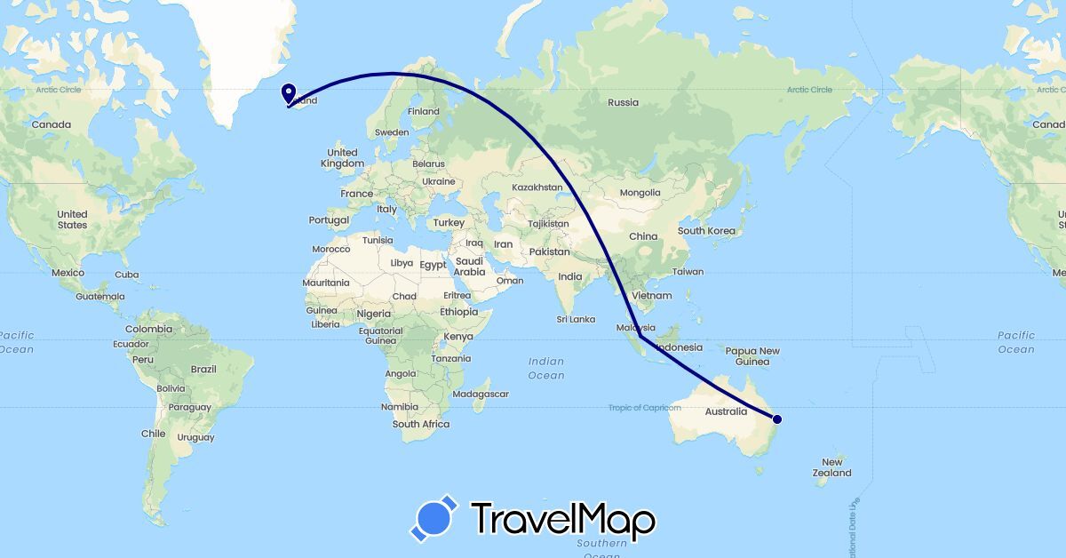 TravelMap itinerary: driving in Australia, Iceland, Singapore (Asia, Europe, Oceania)